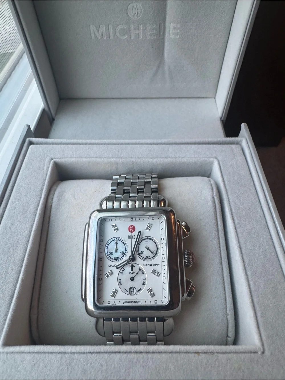 Michele Deco Diamond Women’s Chronograph Watch with Mother of Pearl Dial